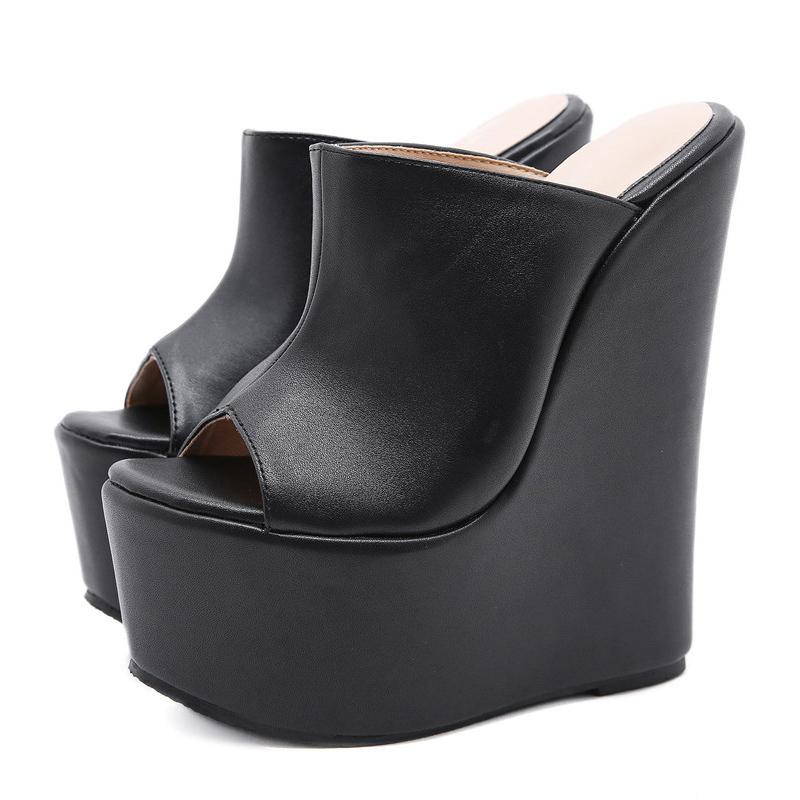 Najnovšia populárna móda Peep Toe Pantofle na kline Čierne letné topánky Žena Sandále na super vysokých podpätkoch 42 čierna