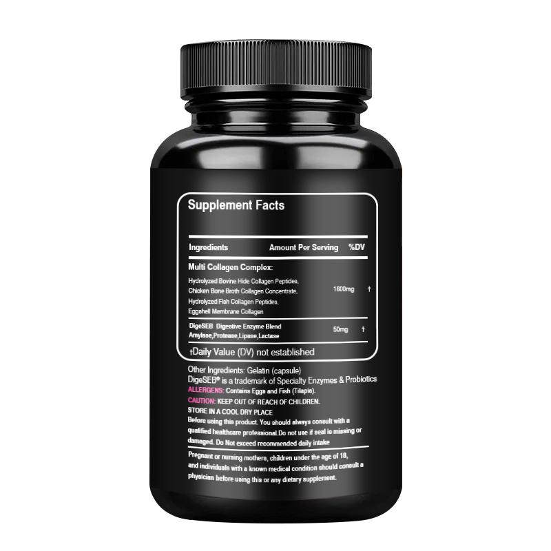 Kollagenkomplex-Kapseln, enthaltend hydrolysierte Fischkollagenpeptide, Verdauungsenzymmischung, GVO-frei.