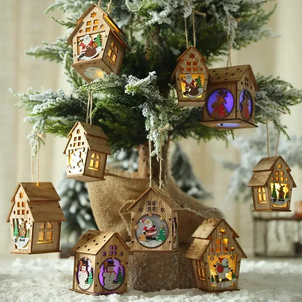 Christmas Style Wooden House Led Lights New Creative Assembly Small House Decoration Luminous Color Cabin Accessories Decoration
