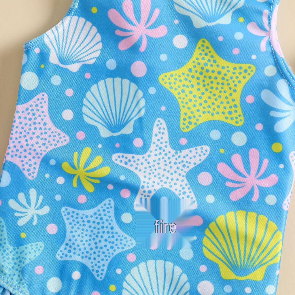 Girl's Shell Print One-Piece Swimsuit with Skirt - Beach & Sunscreen Ready