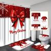 4Pcs Merry Christmas Bow Shower Curtain Set with Non-Slip Bath Mat, Toilet Lid Cover, Contour Rug & 12 Hooks, Bathroom Decor