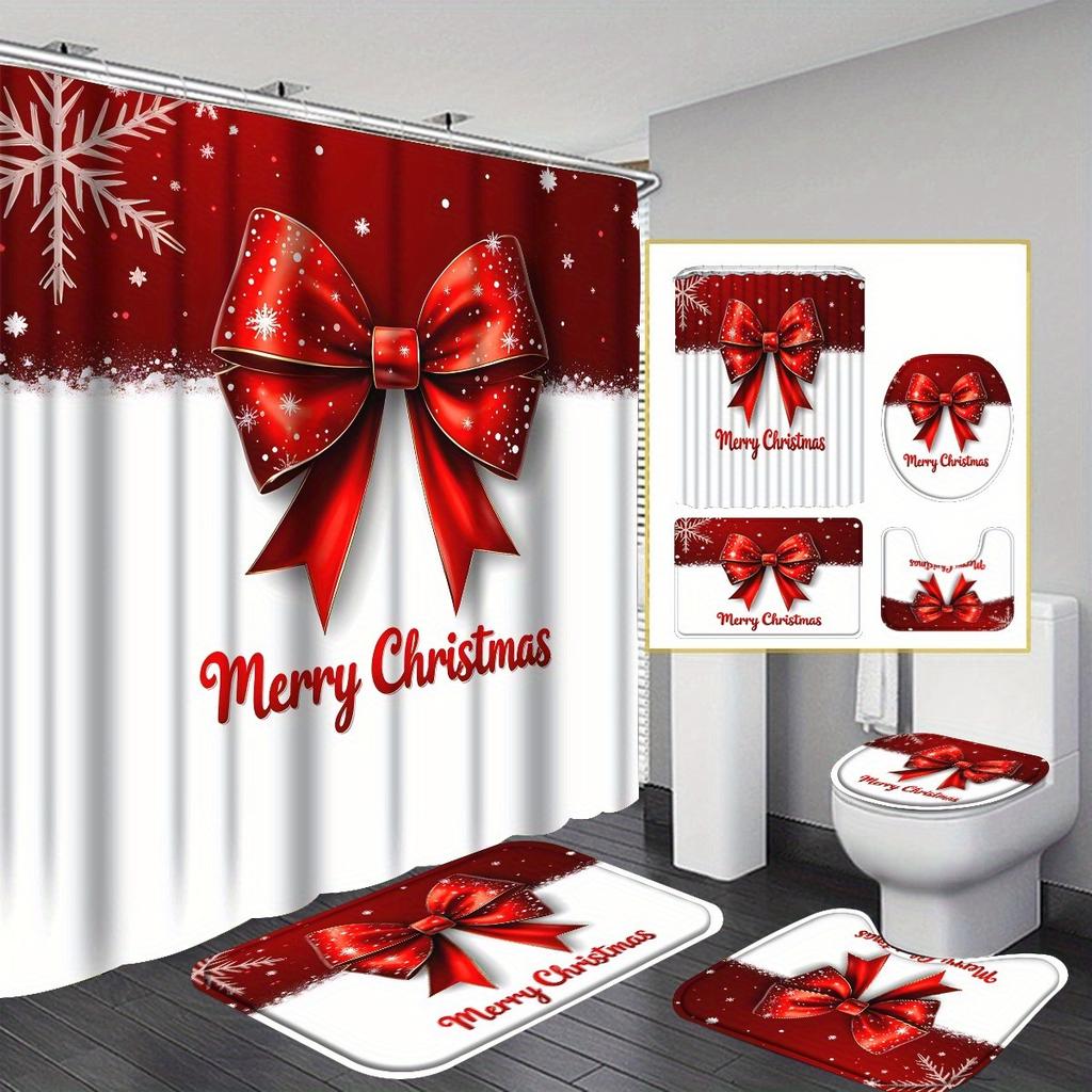 4Pcs Merry Christmas Bow Shower Curtain Set with Non-Slip Bath Mat, Toilet Lid Cover, Contour Rug & 12 Hooks, Bathroom Decor