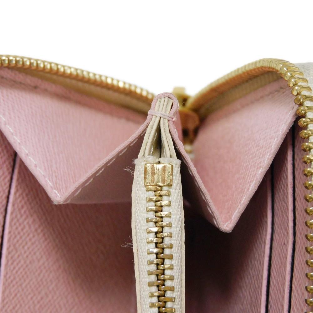 Used 12564 Portefeiulle Clemence N61264 7940 Logo Ivory Zip Around Damier Azur Rose Ballerine for Women from Japan