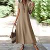 Women's Fashion V-Neck Short Sleeve Solid Color Zipper Casual Vacation Long Dress Cotton Linen Dresses