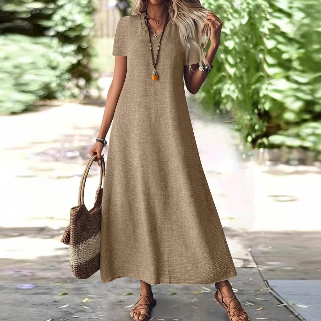 Women's Fashion V-Neck Short Sleeve Solid Color Zipper Casual Vacation Long Dress Cotton Linen Dresses