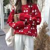 Autumn Winter New Cherry Printed Oversized Knit Sweater Women's Lazy - Chic Crew Neck Sweet Pullover Sweaters