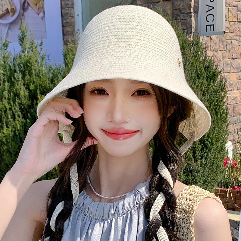 

Летняя новая шляпа женская модная универсальная маленькая свежая вязаная милая шляпа-ведро солнцезащитная солнцезащитная с бантом One Size