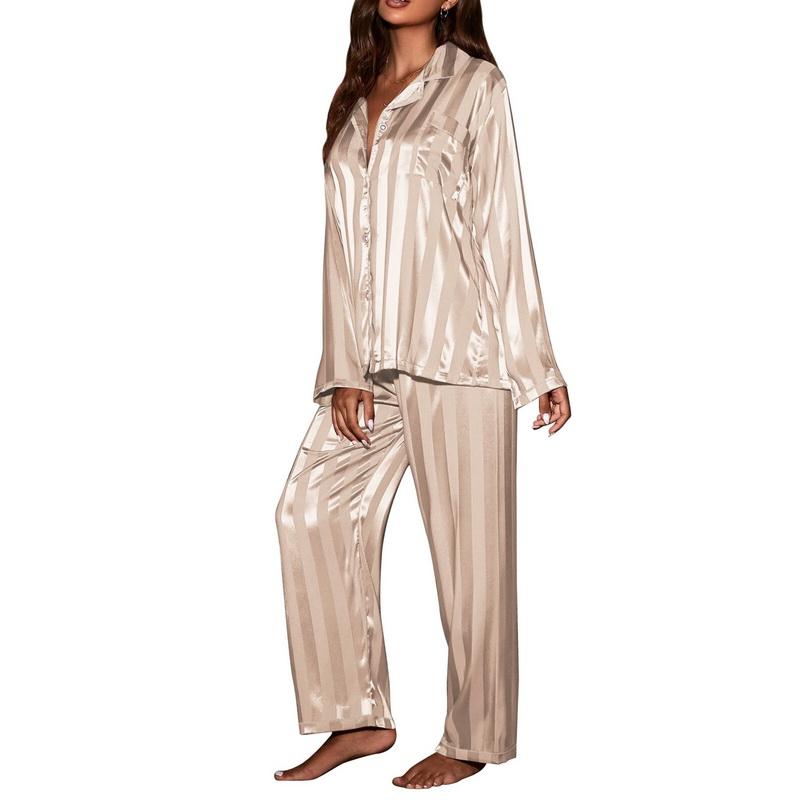 Women's Striped Pajama Set Silk Satin Pajamas Two Piece Set, Comfortable Home Pajamas Roupa Feminina Womens Pyjamas