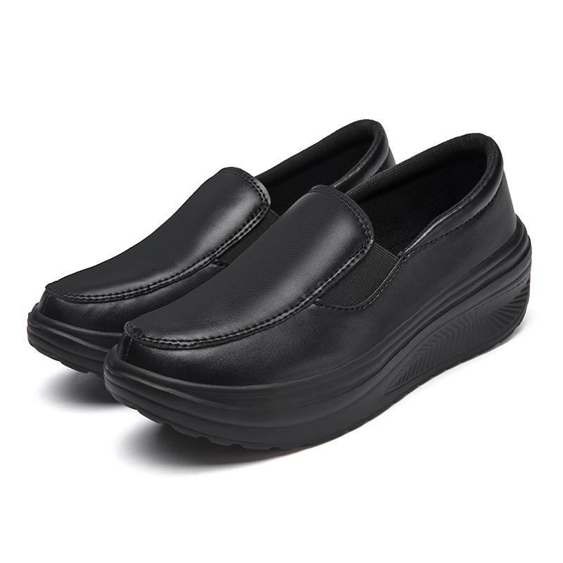 Women's Shoes Spring Genuine Leather Soft Outsole Work Shoes Female Black Swing Woman Plus Size Wedges Single