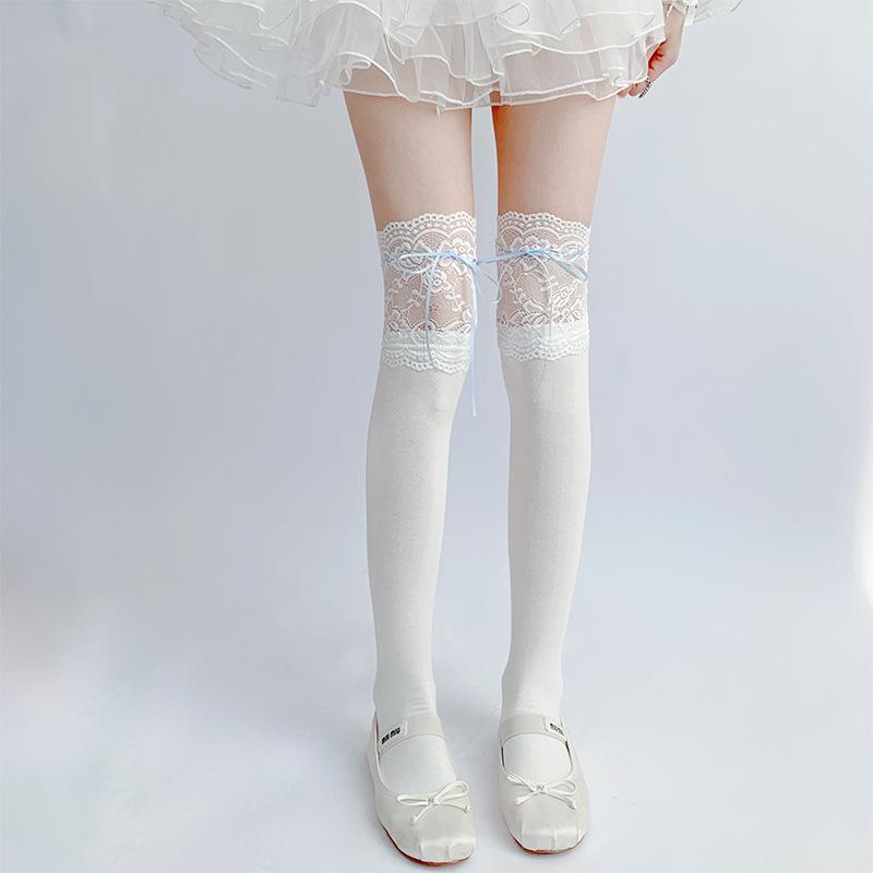 1pairs White Lace Lace Tied Ribbon Velvet Over Knee Socks Lolita Cute Sweet Calf Socks Women's Mid-Leg Kawai Thigh High Socks