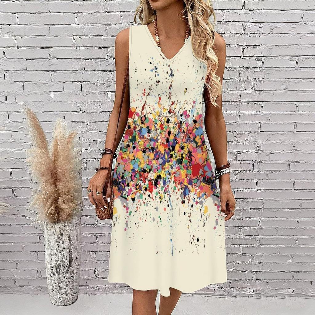 Plus Size V Neck Sleeveless Green Bamboo Valley Brook Print For Elegant Summer Daily Outfit