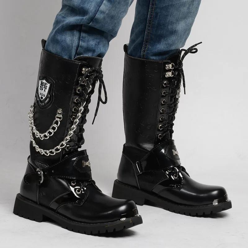 Men's Leather Motorcycle Boots Fashion Chain Mid-calf Platform Boots Gothic Belt Punk Boots for Men Designer Biker Boots Men
