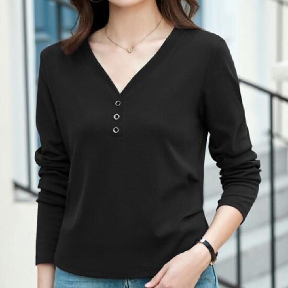 NaVaVa Women Solid BuTTon V Neck Long sleeVe T shirT nT2946