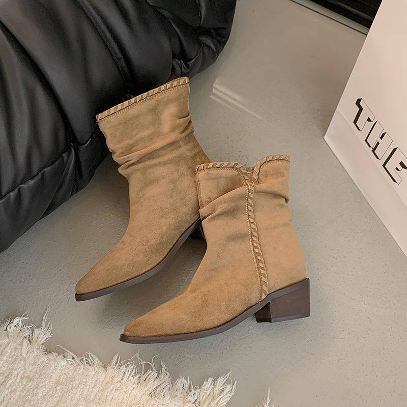 

2025 Новые женские ботинки Острый каблук Грубый каблук Короткие ботинки Детские Универсальные Узкие Ворсистые Вестерн Мерад Скраб 40 верблюд