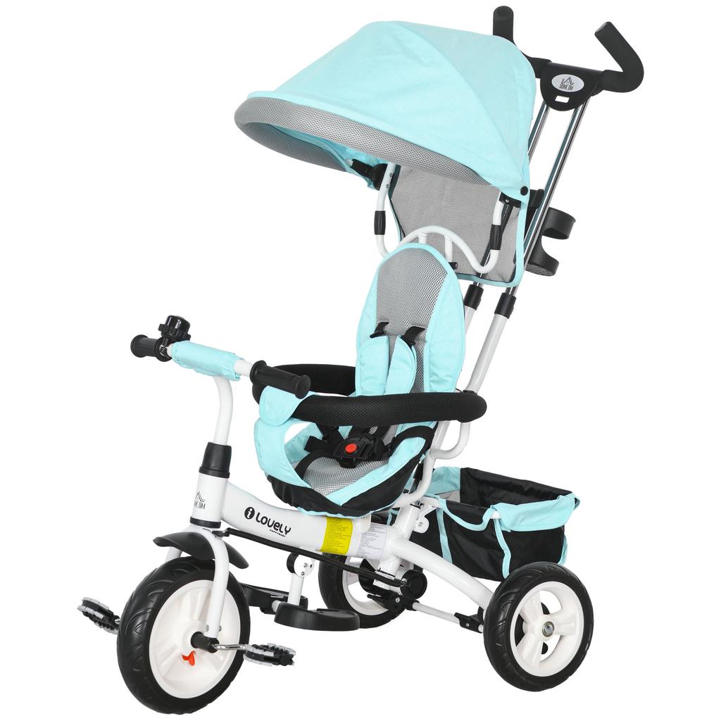 6-in-1 Children's Tricycle, Push Bar, Canopy, Harness, Storage Basket, 1-5 Years, Green