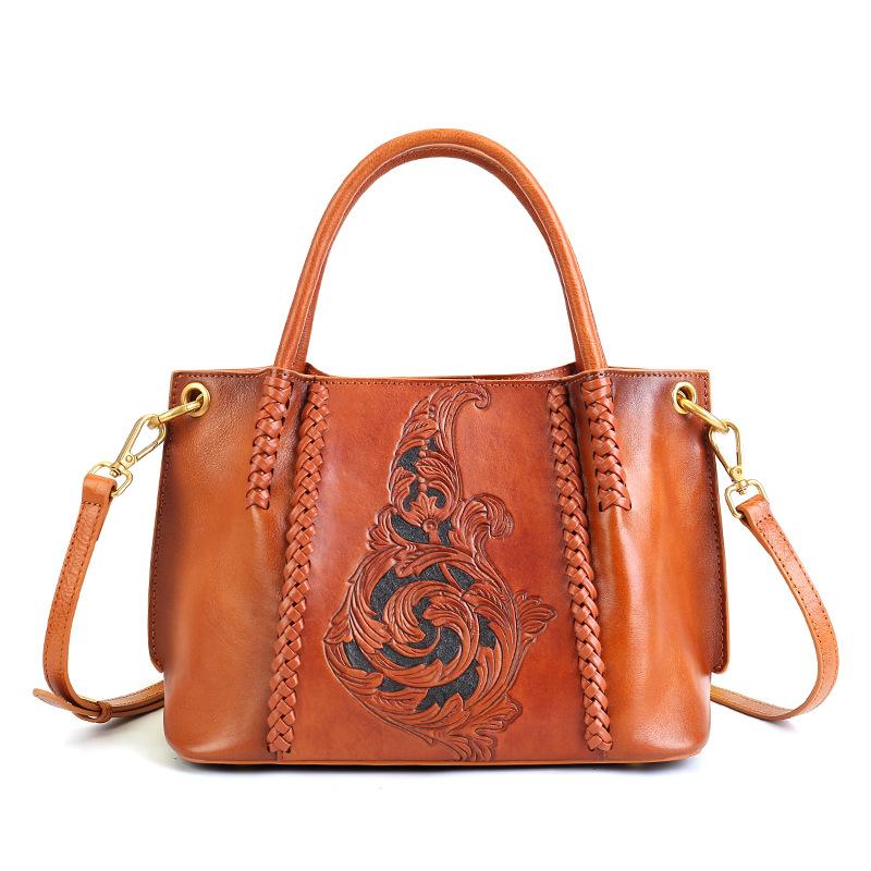 Tote Bag - Retro Vegetable-tanned Cowhide Handbag with Large Capacity, Genuine Leather, Single Shoulder Crossbody Bag
