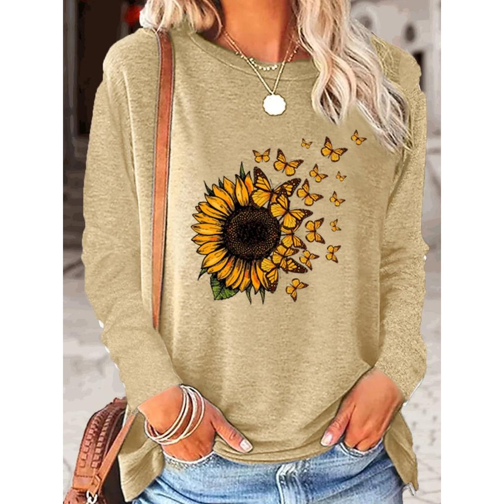 Round Neck 3D Printed Sunflower Pattern Top Fashionable Casual Long Sleeved Women's T-shirts