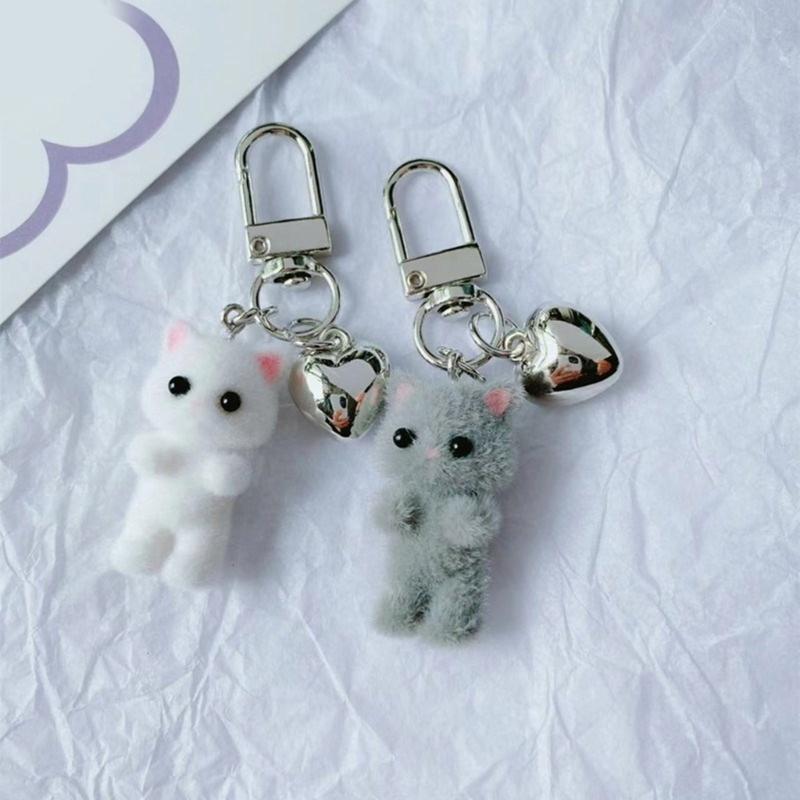 Flocking Cat Heart Keychain Lovely Decorations Keyring Ornament Backpack Handbag Charm Pendant Gift for Girls Women