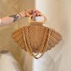 Casual Shell Shape Crochet Woven Bag Large Capacity Boho Wooden Handle Shoulder Bag Handmade Solid Color Underarm Bag Beach