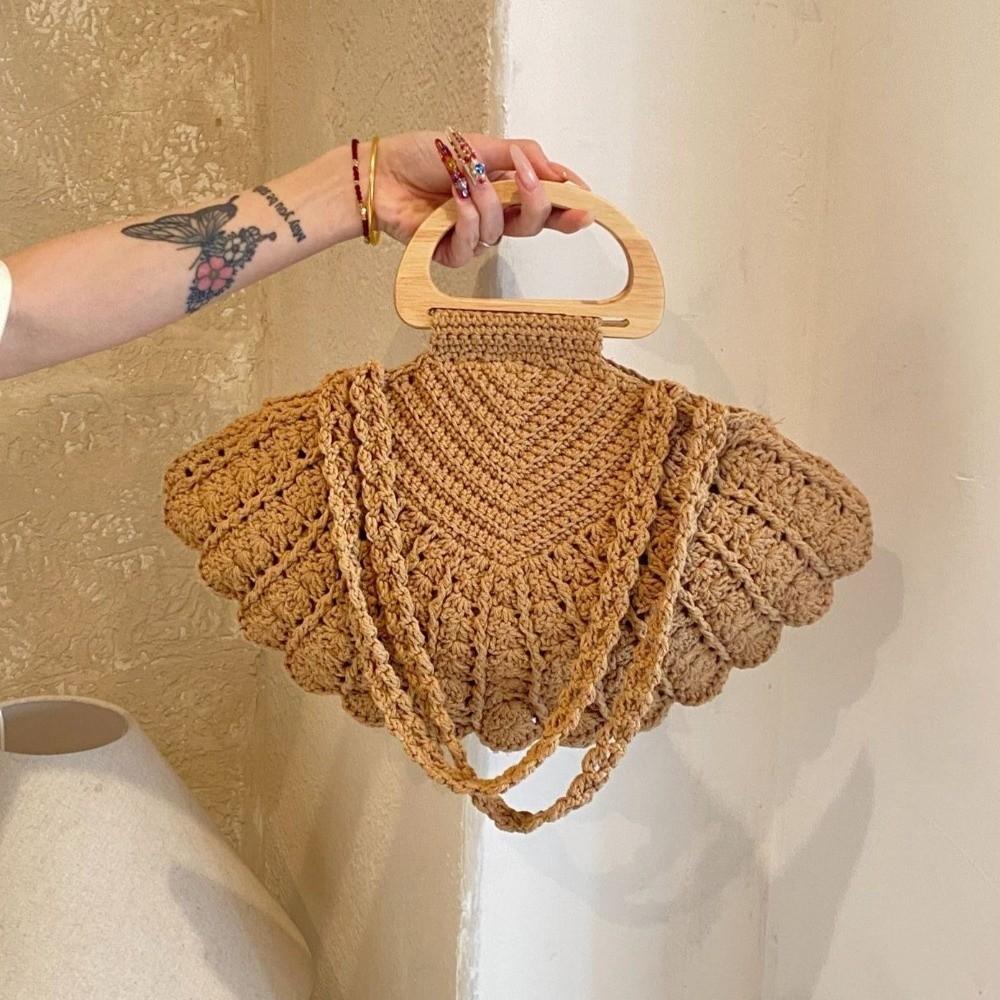 Casual Shell Shape Crochet Woven Bag Large Capacity Boho Wooden Handle Shoulder Bag Handmade Solid Color Underarm Bag Beach