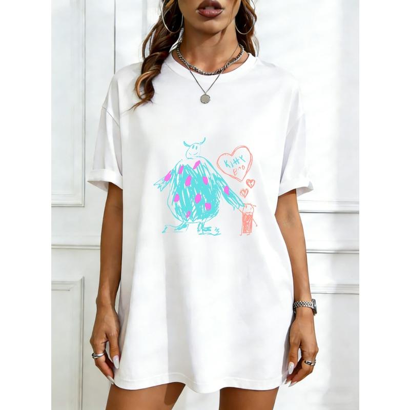 

Oversized T-Shirt Black Cow With Heart And Kitten Print Casual Streetwear For Women XXXXL білий