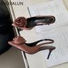 Fashion SUOJIALUN 2024 Spring New Brand Women Sandal Fashion Big Flower Ladies Elegant Slingback Shoes Thin High Heel Dress Pumps Shoes