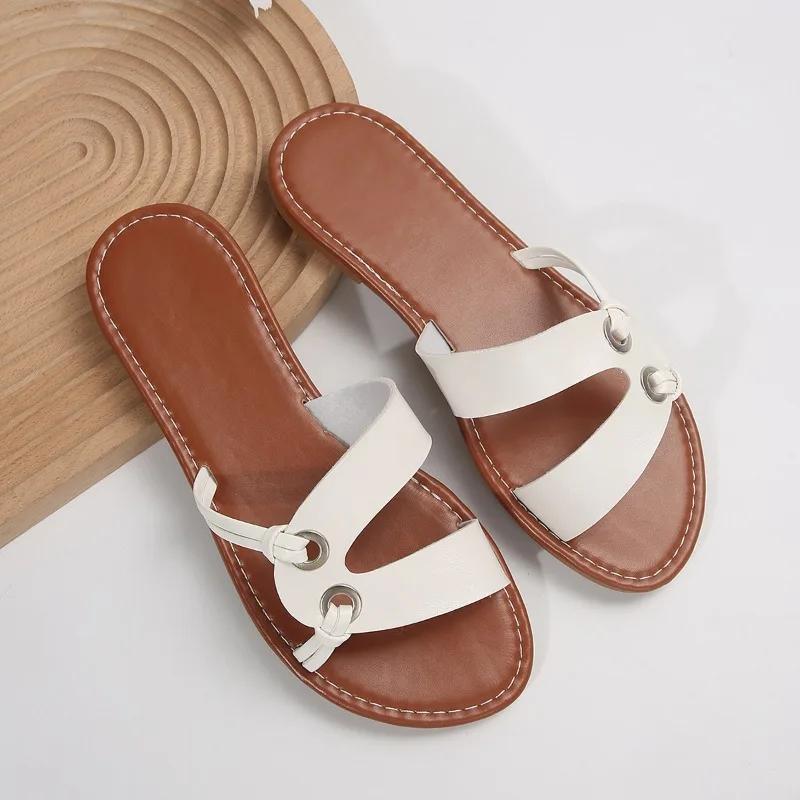 2024 Léto Nové Módní Jednobarevné Kulatá Špička Otevřená Špička Dírkované Minimalistické PU Kožený Povrch Nošení Dámské Velké Pantofle