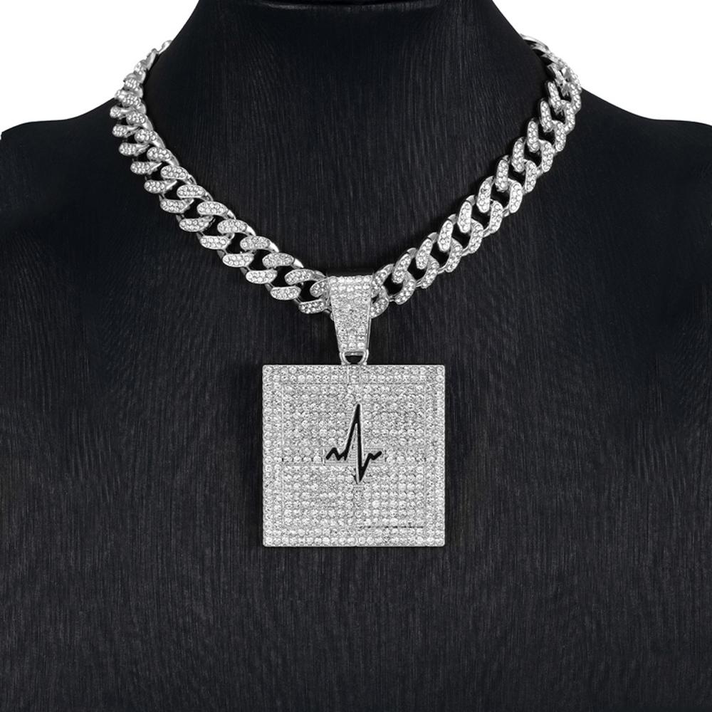 Hip Hop Electrocardiogram Lifeline Geometric Pendant Necklace With 13mm Box Buckle Cuban Chain Necklaces Fashion Jewelry For Men