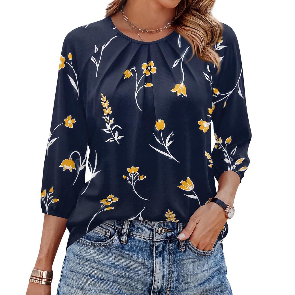 Women's Floral Print 3/4 Sleeve Round Neck Pleated Top Lightweight Casual Blouse Suitable for Daily Wear and Various Occasions