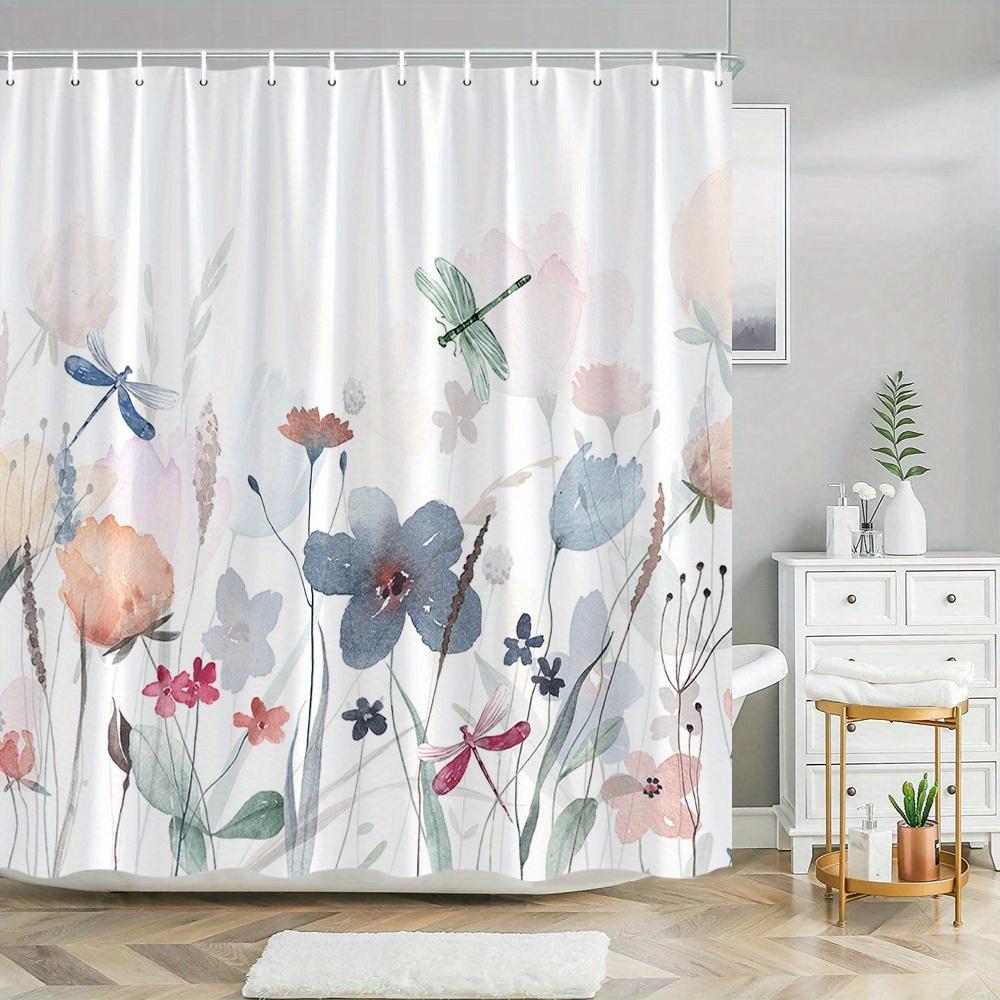 

1 шт. Пастельная цветочная шторка для душа - Узор с зелеными стрекозами и бабочками, Машинная стирка, Полиэстер, Ванная комната 90X180cm