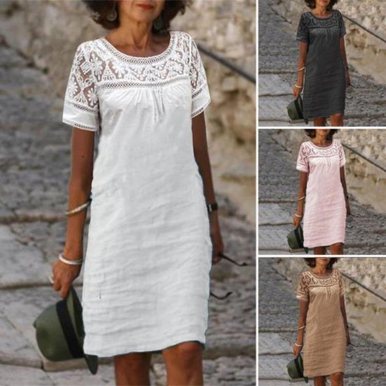Women Casual Summer Loose Cotton Linen Mini Short Sleeve Round Neck Lace Sundress Beach Short Dresses