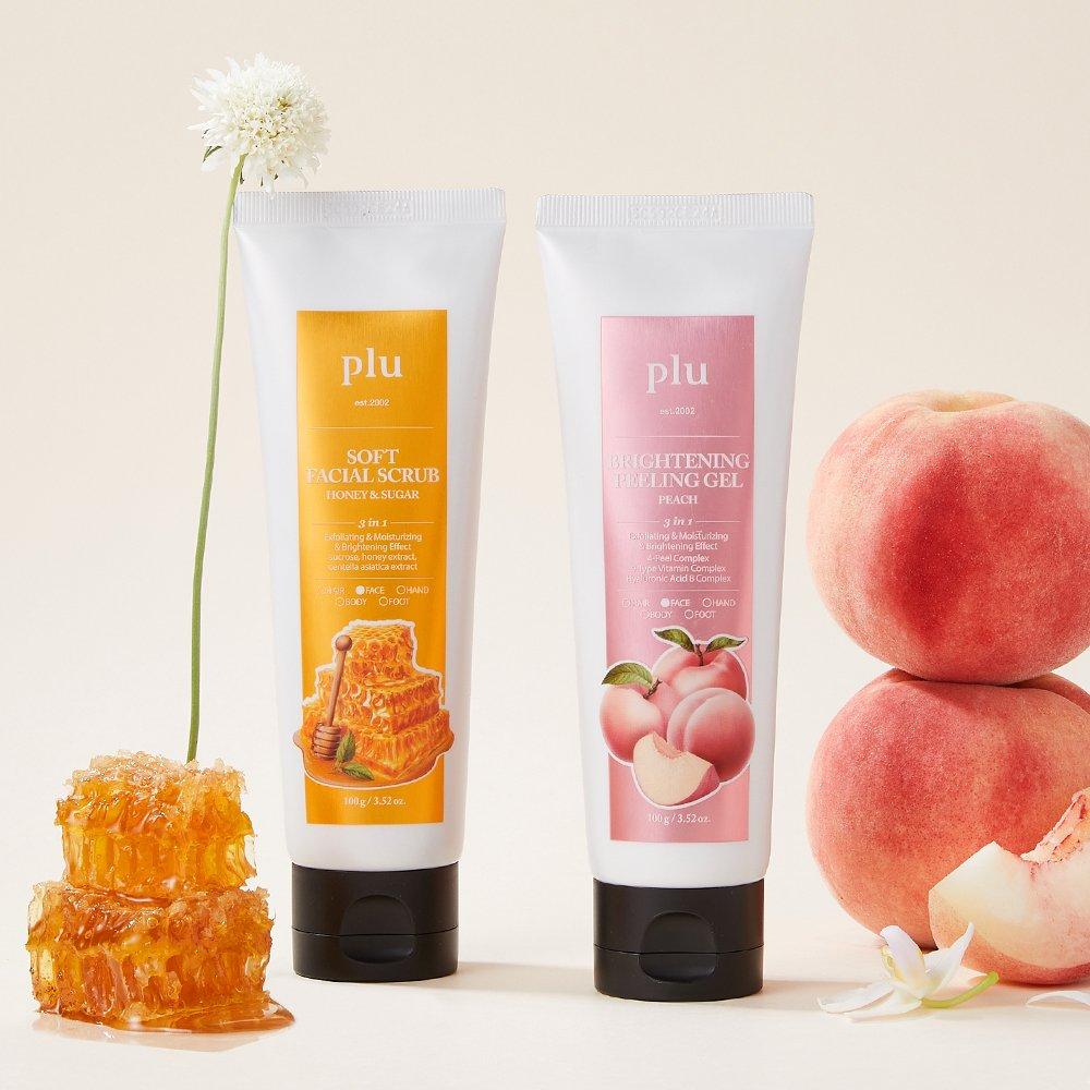 

Plu Original Facial Scrub PEELING GEL 100g x2 Peach 100g / Soft Facial Scrub Honey & Sugar 100g