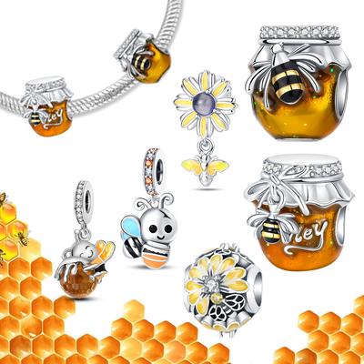 Srebro 925 Pszczoła Słoik z Miodem Wisiorek Charms Żółta Seria Bransoletka z Koralików DIY Biżuteria Premium Prezent na Walentynki Urodziny