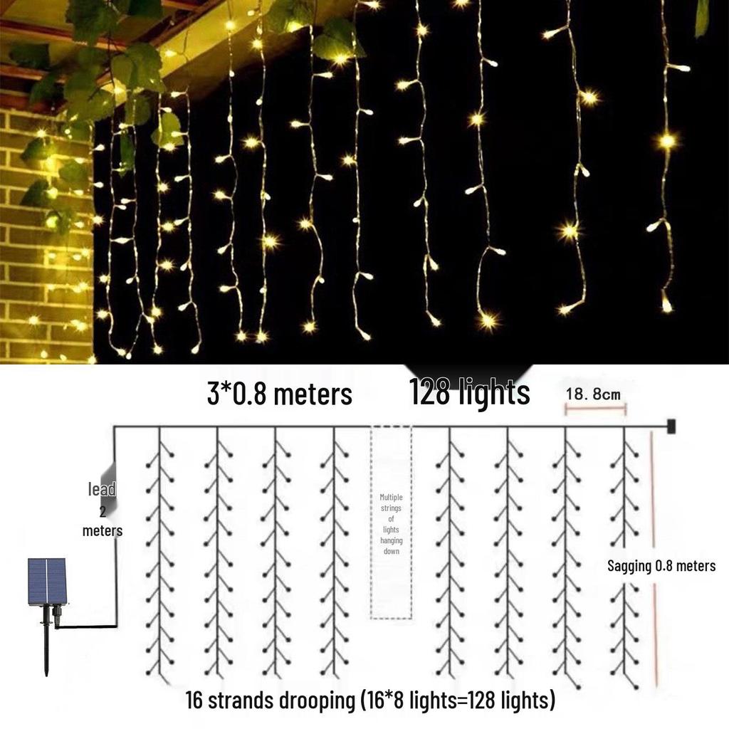 Solar LED Color Waterfall Curtain Lights - Outdoor Waterproof Decorative Christmas Icicle Lights