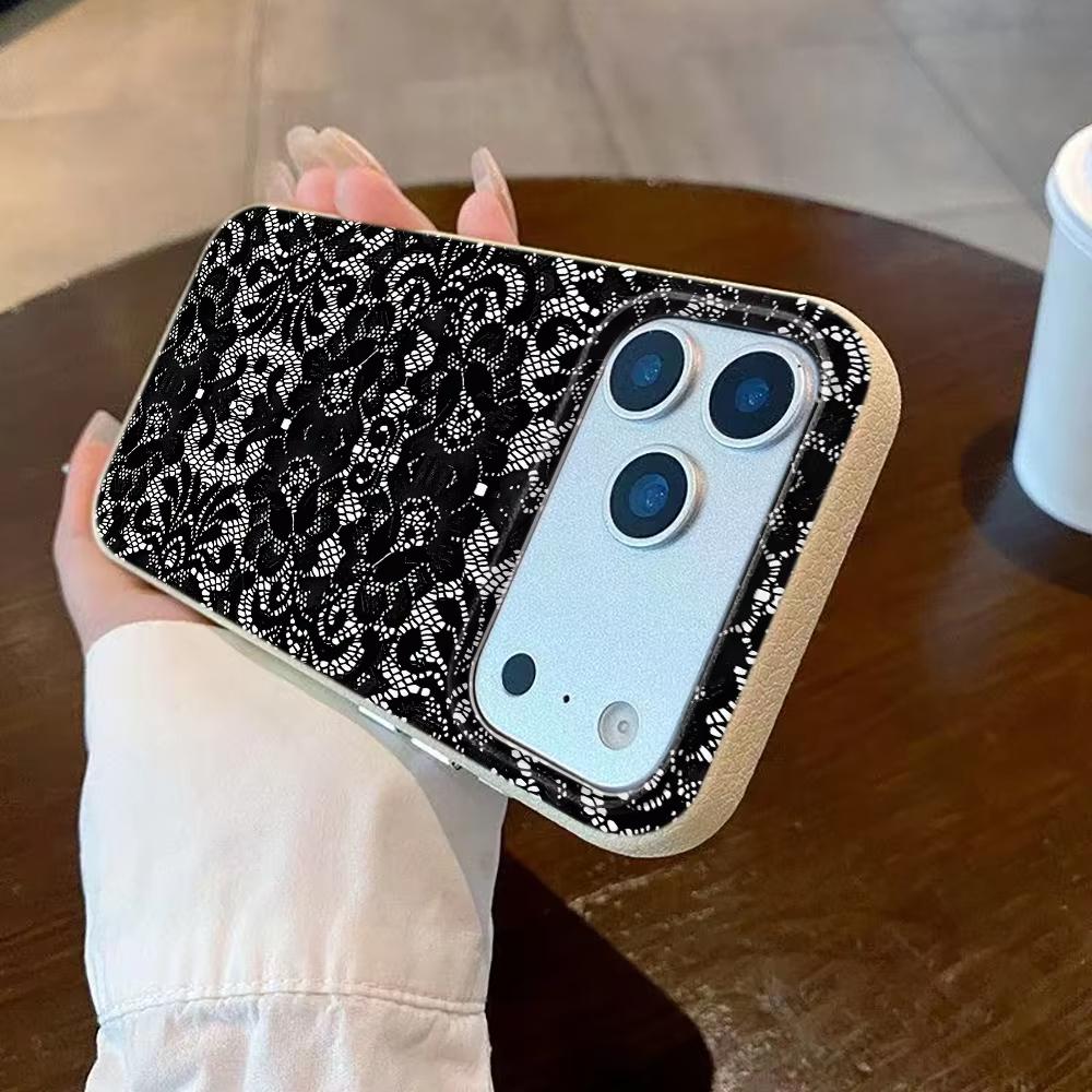Black Lace Pattern Phone Case For iPhone 17 Pro Max 16 Plus 15 Pro 14 11 13 12 11 16E 17Air XR XS Lychee Textur Soft Cover