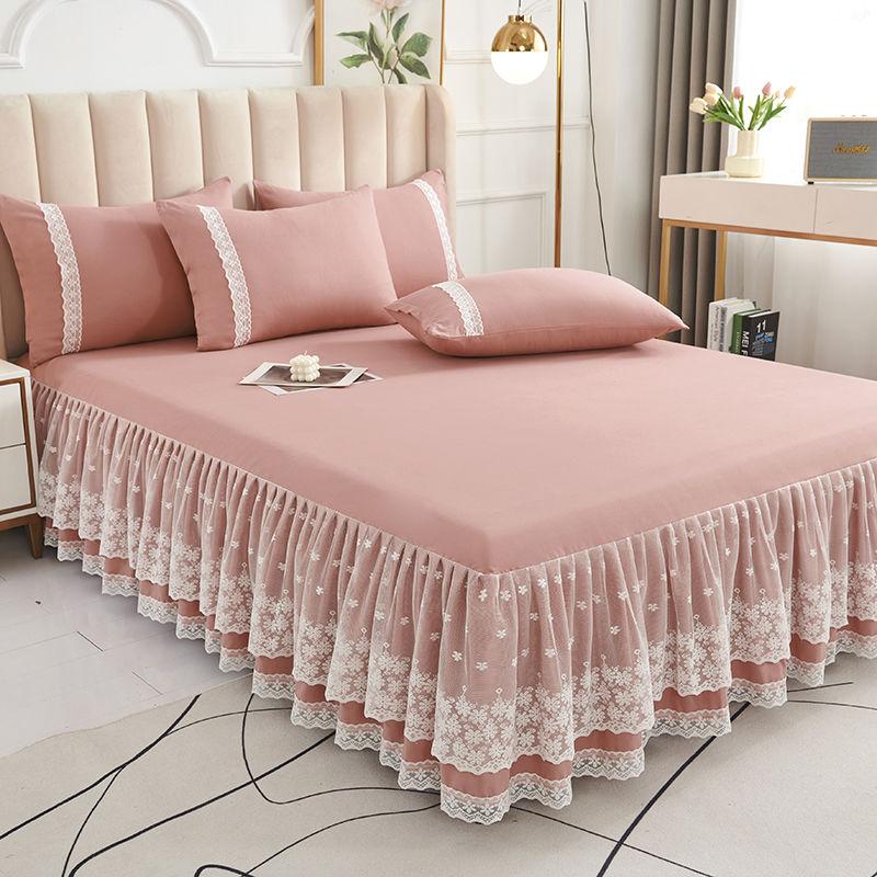 

3 шт. Новая стиранная юбка для кровати с кружевными наволочками Вышитый однотонный набор юбок для кровати, 1 юбка для кровати + 2 наволочки 150*200CM