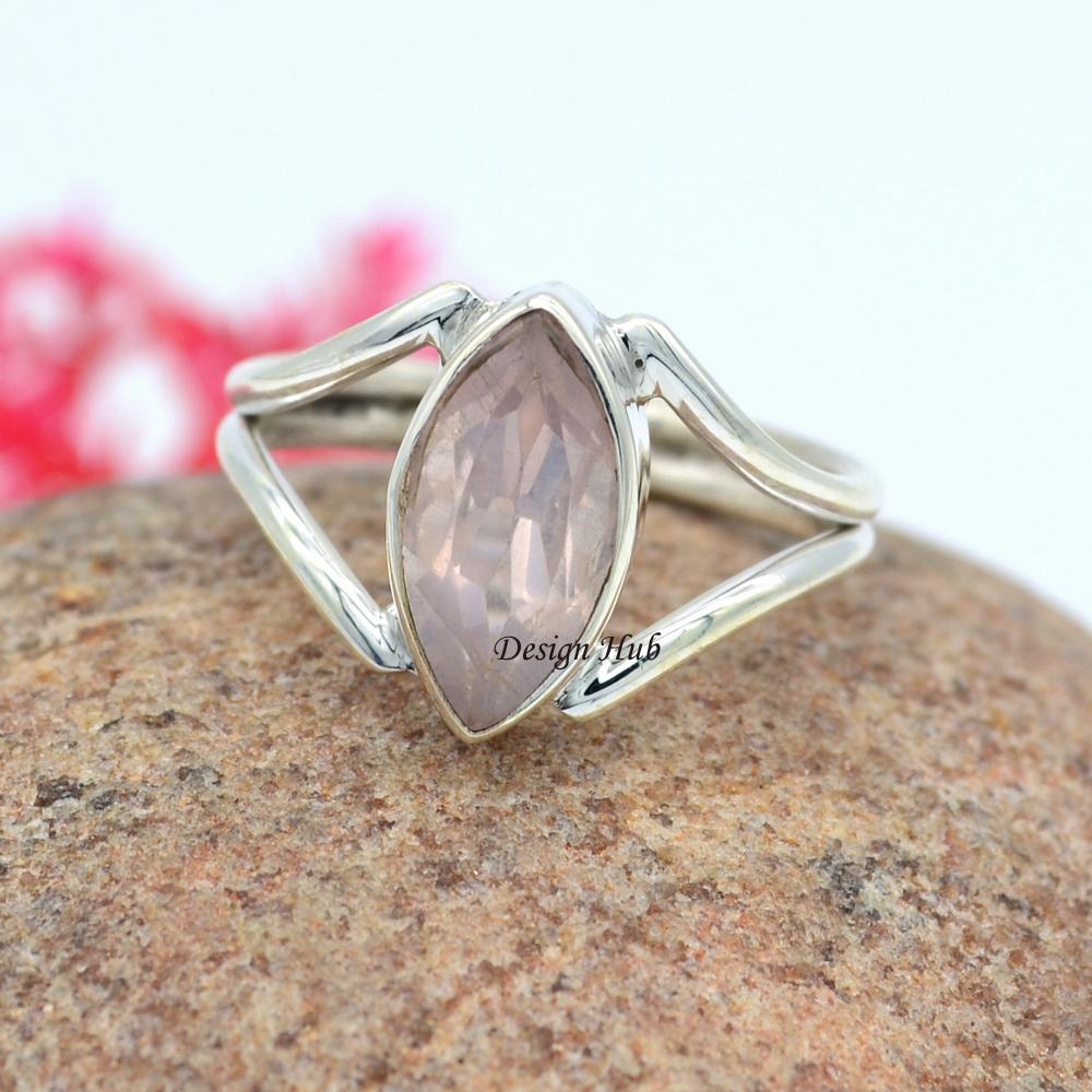 Rose Quartz Gemstone Statement Ring For Christmas 925 Sterling Silver Handmade Jewelry