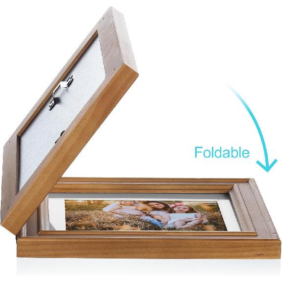 5X7 Double Wooden Hinged Picture Frame Vertical and Horizontal in Distressed Farmhouse Wood Grain, Display 4x6 with Mat or 5x7 without Mat, Folding