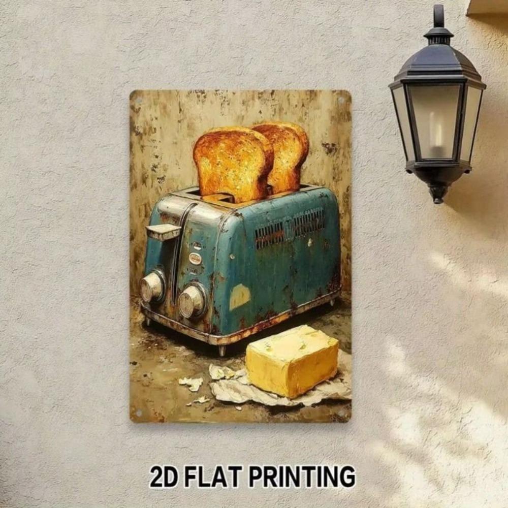 Vintage Metal Tin Sign for Kitchen Wall Decor Retro Toaster Breakfast Plate Aluminum Poster