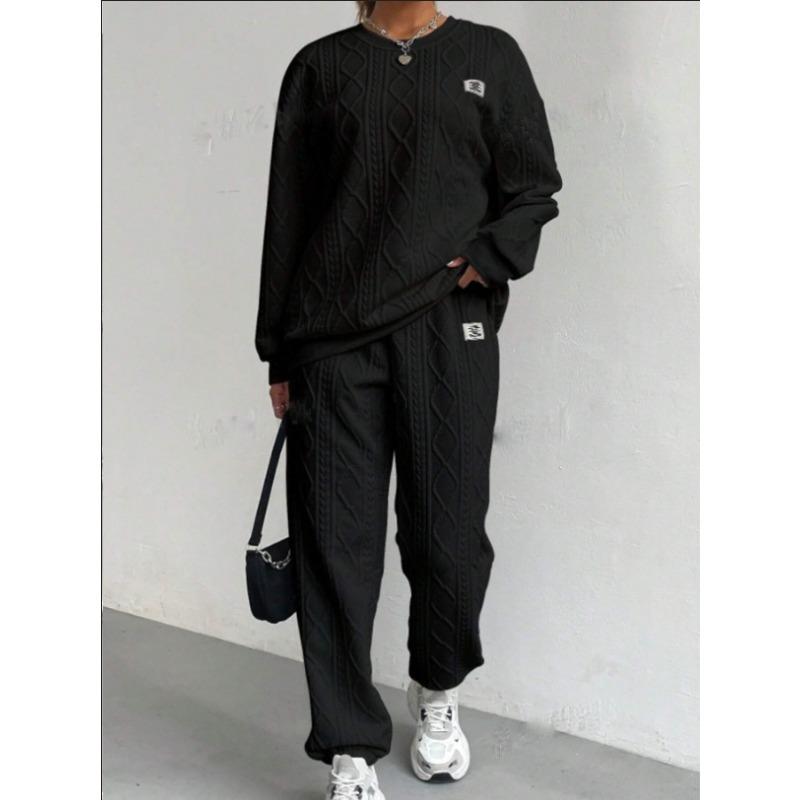 YYFS Damenmode Casual Frühling Herbst Einfarbig Druck Langarm O-Ausschnitt Hosen Hosen Anzüge