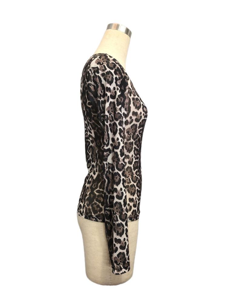 Independent Station Summer Women's Fashion Transparent Leopard Printed Mesh Round Collar Long Sleeve Slim T-shirt Versatile Fashion Shirt