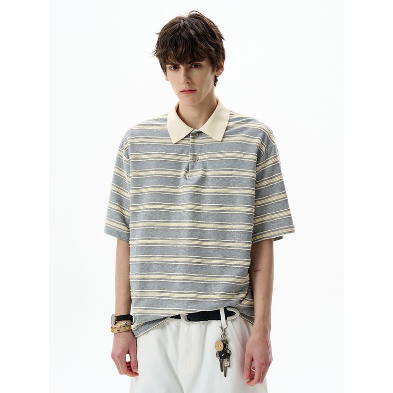 Madwitch American-Style Color-Block Striped Polo Shirt Short-Sleeve Unisex Loose Retro Commuter Casual Top T-Shirt Ins