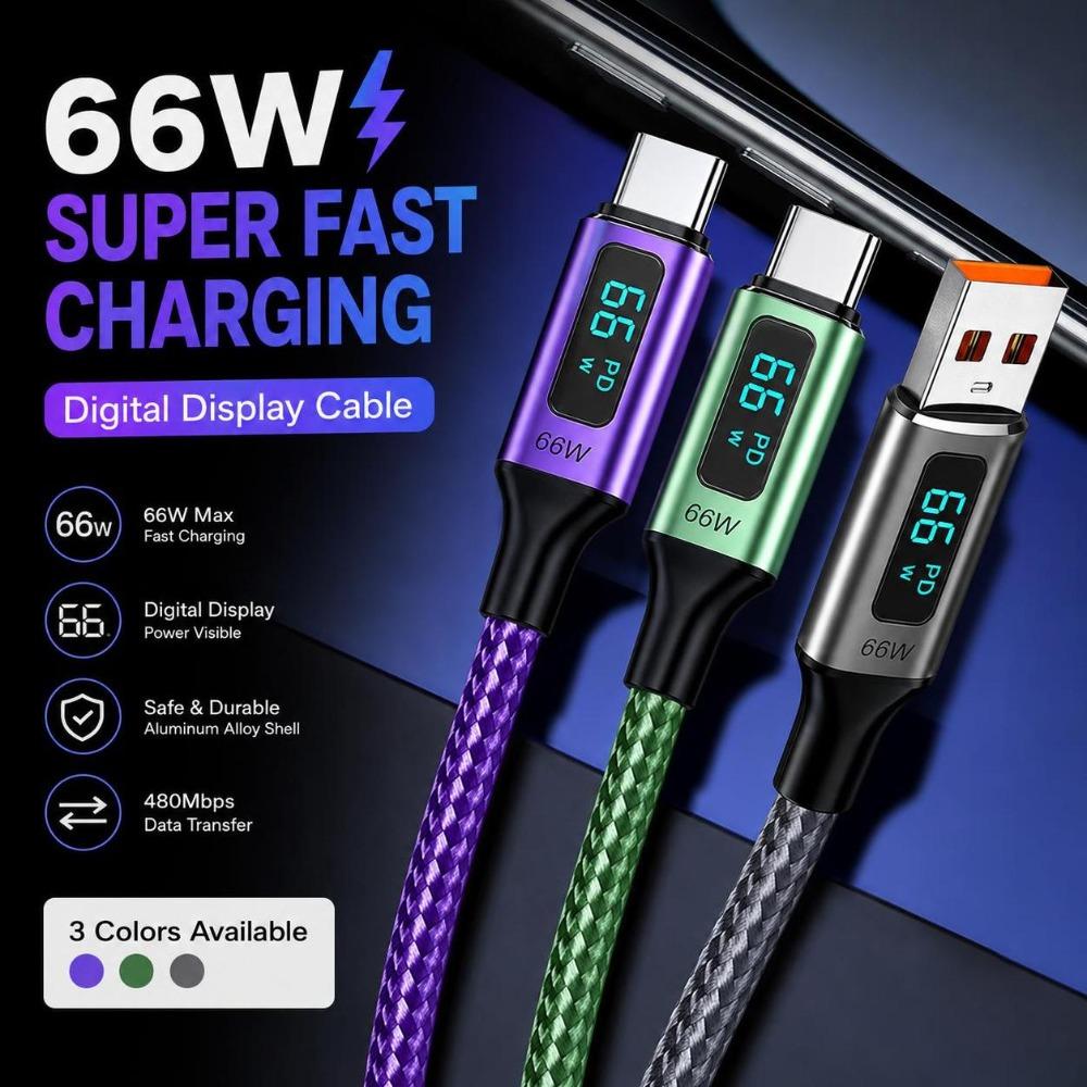 Real-Time Display USB-A To USB-C Cable 66W Fast Charging Data Cable Laptop Charging