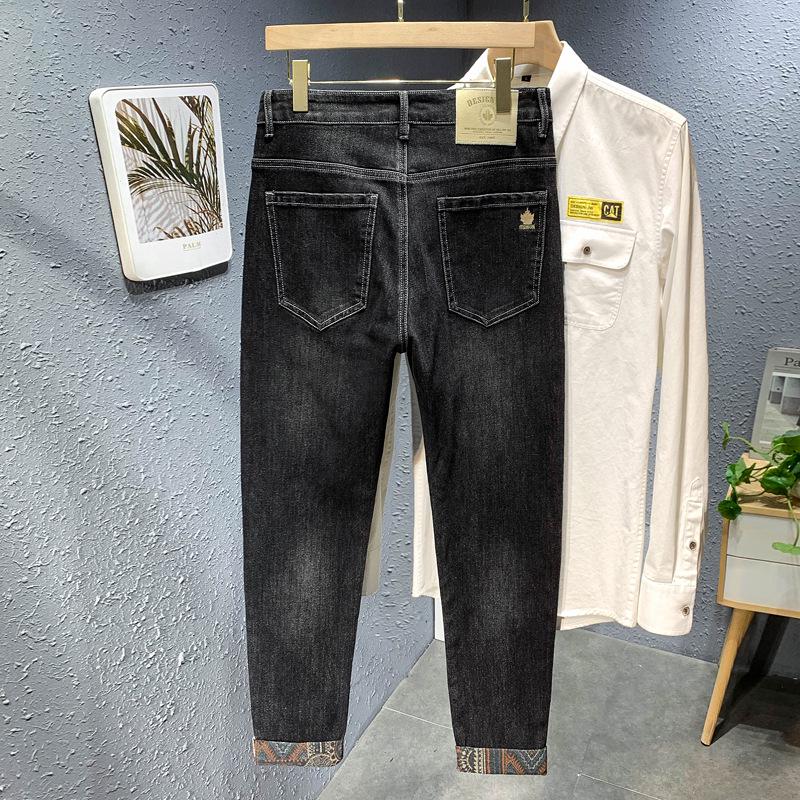 Men's Full-Bottom Printed Stretch Jeans - Thick Autumn/Winter Casual Straight Pants, Trendy and Comfortable