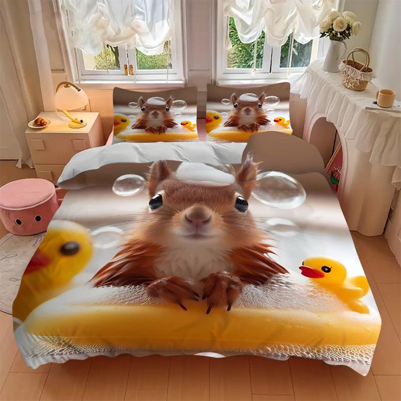 3pcs Anime Squirrel with Duck Bath Time Bedding Set - Includes One Quilt Cover and Two Pillowcases (No Core) - Polyester Fabric - Suitable f