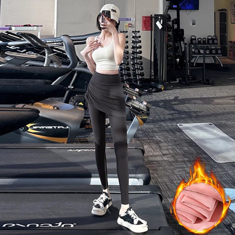 

Fake Two-Piece Drawstring Sports Running Tight Yoga Pants Women Hip Covering Chubby Girl Training Cycling Plus size Belly Holding Fitness Pants Black [Autumn and Winter] M