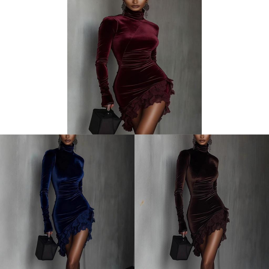 European Style Velvet Turtleneck Dress With Lace Hem For Evening Parties