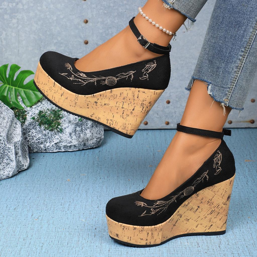 Fashion Shallow Mouth Platform Bottom Wedge Heel One-strap Single Shoes Cross-border Suede Embroidery Large Size One-step Women's Shoes