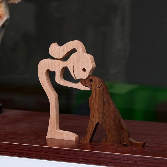 Hand Carved Wood Human And Dog Figurine Handmade Wooden Men Women Puppy Statue for Office Home Decor Decorative Sculpture for Dog Lovers