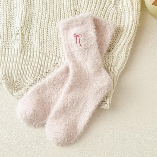 Women Fuzzy Socks Cute Embroidered Bow Knot Thick Socks Fluffy Warm Cozy Socks for Girls Winter Home Indoor Lounging Sleeping